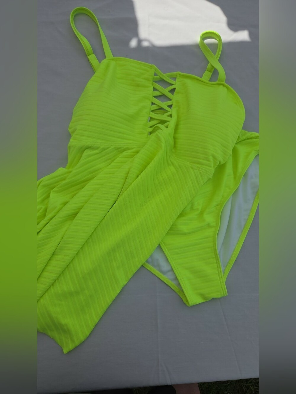 Neon Lime Two-piece Swimsuit with Crisscross Front Size XL